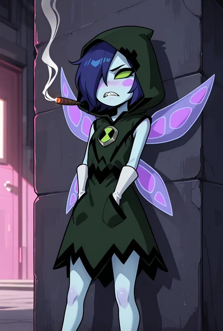 <lora:peskydust-09:1> peskydust, blue skin, fairy wings, blush stickers, 1girl, white gloves, dark green eyes, dark green dress, dark blue hair, frown, emo, hair covering one eye, wearing hood, hands in pockets, sleeveless, no pupils, smoking cigar, leaning on wall, sharp teeth,, masterpiece, best quality, amazing quality, very aesthetic, absurdres, newest,