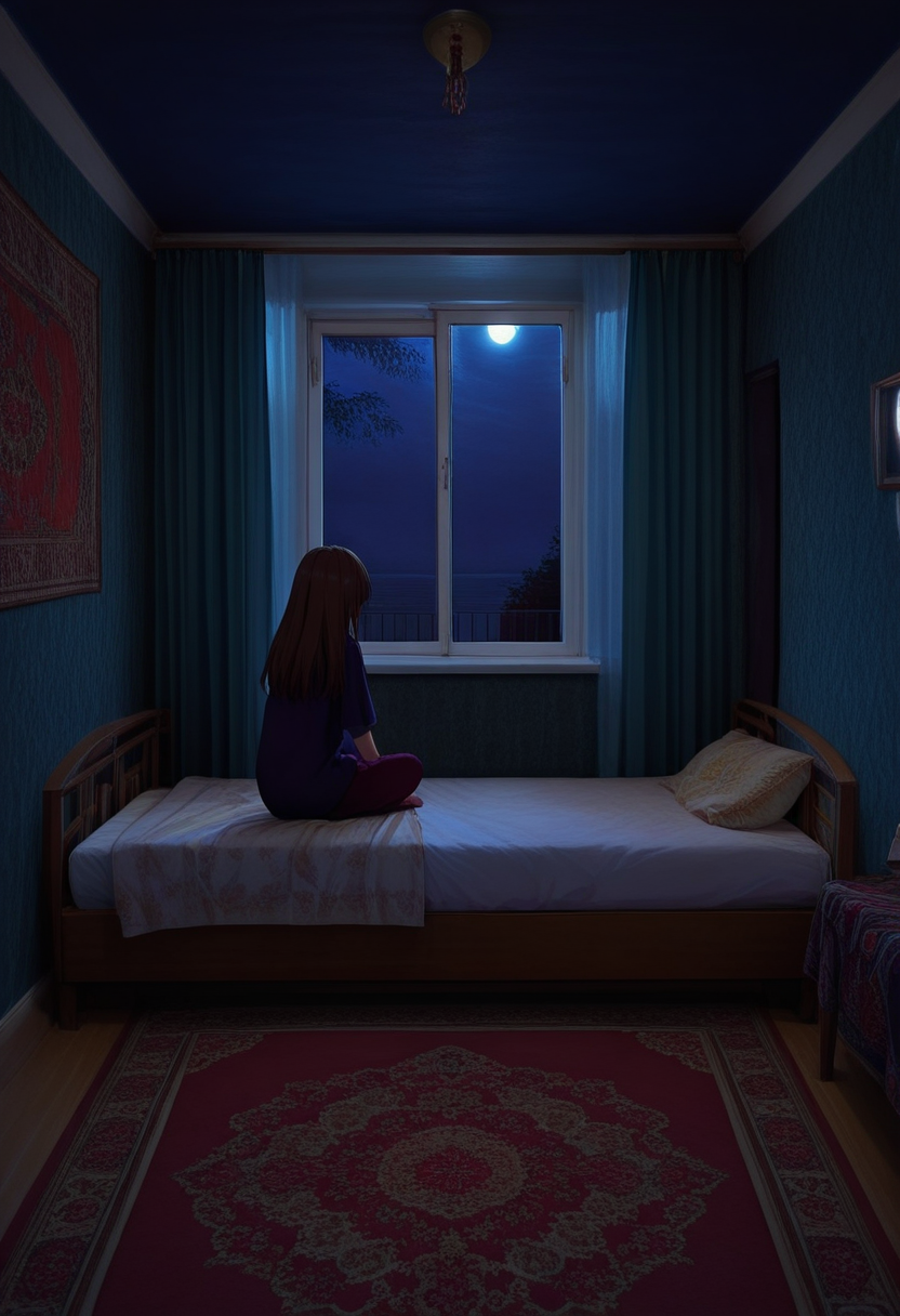 masterpiece, high quality, hrushch, room, 1girl, solo, sitting, window, dark, night, indoors, bed, carpet, moonlight,