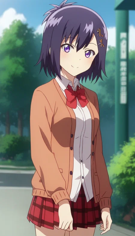 score_9,score_8_up,score_7_up,score_6_up BREAK official art,solo,outdoors,upper body,(portrait:1.5),looking at viewer,facing viewer,smile,blush,Vignette Tsukinose April,short hair,purple hair,topknot,x hair ornament,hairclip,hair between eyes,bangs,purple eyes,orange cardigan,red bowtie,collared shirt,white shirt,medium breasts,red skirt,plaid skirt,pleated skirt,black socks,uwabaki,<lora:Vignette Tsukinose April(gd)-Pony:1.6>,