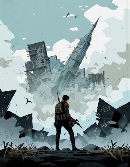 By Alex Vede. A digital illustration shoot from the back about a futuristic scene featuring a silhouette of a soldier standing in front of a tall, imposing rocket in a desolate landscape. the scene is set in a post-apocalyptic wasteland, with a mix of dark and light tones, featuring a cloudy sky with a few birds flying, and a large, jagged, metallic structure in the background. in the foreground, a lone soldier stands with a rifle in hand, facing away from the viewer, wearing a black outfit and carrying a large backpack. the soldier is positioned in the middle of the image, with the rocket standing tall and imposing in the distance. the rocket has a pointed tip and is surrounded by broken structures, giving the scene a sense of destruction and chaos. the overall atmosphere is one of intense focus and foreboding, making it a captivating and dynamic digital illustration.
1girl, solo, holding, standing, weapon, sky, day, cloud, from behind, weapon on back, building, cloudy sky, backlighting, silhouette, rocket, science fiction, contrapposto
camera_angle: from back, art_style: digital illustration, location: desolate landscape, background: a futuristic cityscape with a large structure resembling a rocket, text: NA, distance_to_camera: full body, clothing: black outfit, image_composition: middle, pants: NA;NA, accessory: backpack, shoes: none, action: standing, facing_direction: facing away;facing viewer, facial_expression: determined;NA