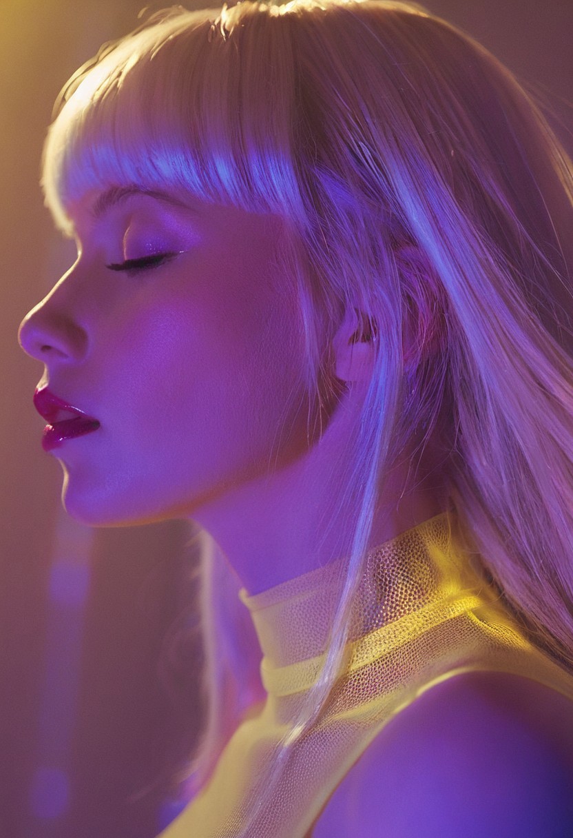 A high-fashion portrait photograph featuring a young woman in profile view, wearing a transparent yellow high-necked garment. The image employs prismatic lighting effects creating an ethereal atmosphere with a mix of cool blues, warm yellows, and purple tones. The subject's platinum blonde hair with bangs frames her serene expression with closed eyes and red-tinted lips. Shot in close-up with shallow depth of field and sophisticated artificial side lighting, the composition creates a dreamy, artistic aesthetic with intentional light refractions and color overlays.