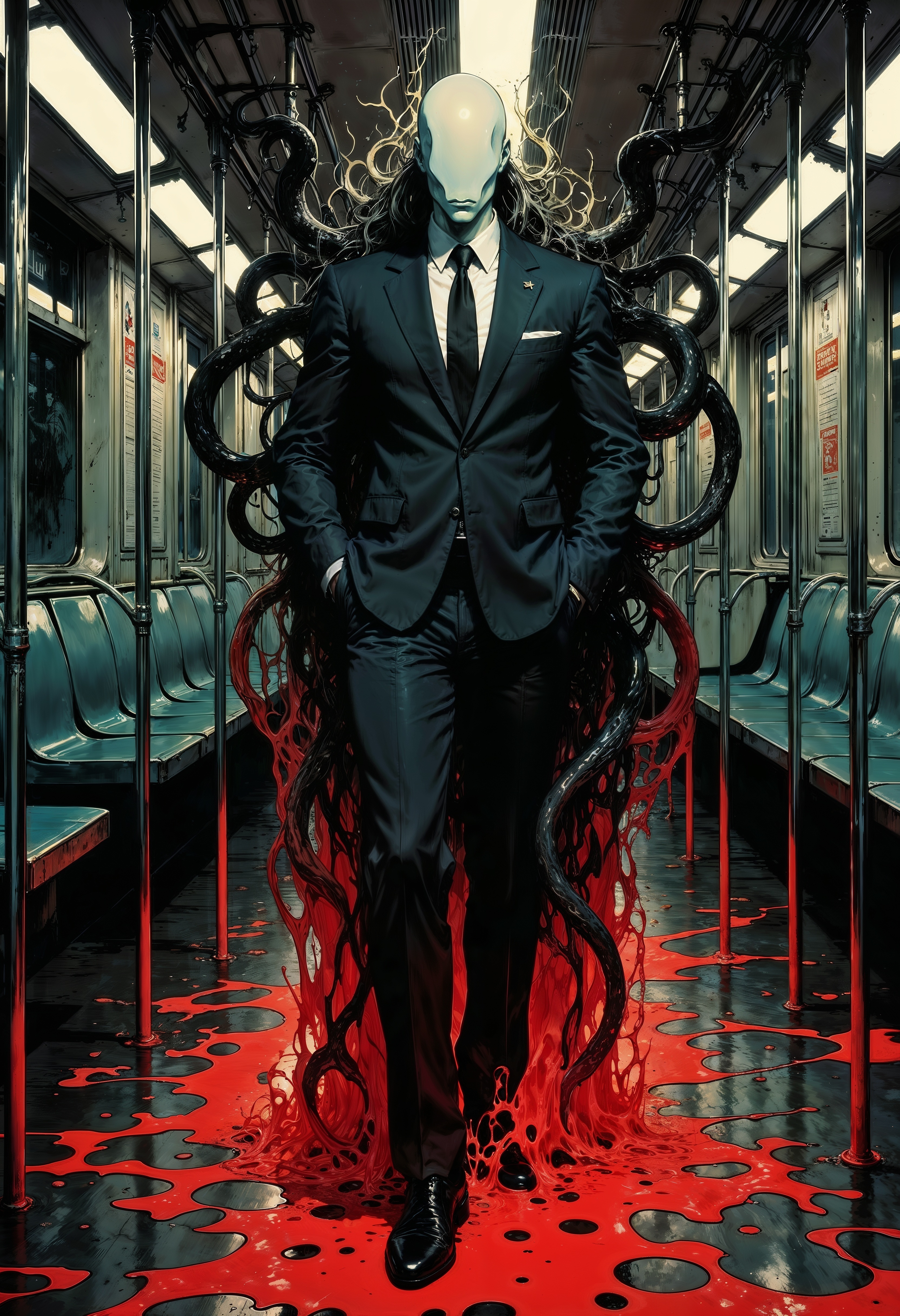 a surreal and eerie scene set in a subway train. The central figure is a humanoid entity with a featureless, smooth, and pale face, wearing a sleek black suit with a white shirt and black tie. The figure stands confidently with hands in pockets, exuding an unsettling presence. Surrounding the figure are dark, shadowy tendrils that emanate from its back, swirling and intertwining in a chaotic manner. The floor is awash with a vivid, glowing red liquid that reflects the figure and tendrils, adding to the ominous atmosphere. The subway car is dimly lit, with metallic surfaces and fluorescent lights casting a cold, sterile glow. The overall composition combines elements of horror and fantasy, creating a striking and memorable visual impact.  <lora:FluxMythR3tr0Style:0.8> <lora:Elden_Ring_-_Yoshitaka_Amano:0.75> <lora:FluxMythG0thicL1nes:0.4> <lora:ck-painterly-fantasy:0.2> <lora:flux.1_lora_ink-dynamic:0.2>