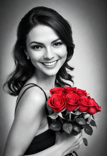 woman smiling, holding a bouque of roses, (Black and white image, Red Accent)