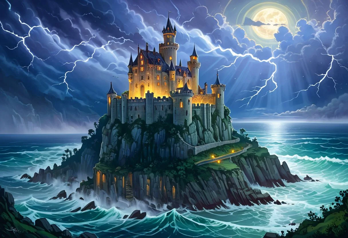 ethereal fantasy concept art of An abandoned castle on a cliffside, overlooking a stormy sea, with crumbling walls, broken towers, and an eerie glow emanating from the windows. Enhanced details,extremely detailed,very realistic,photograph,DreamlikeIllustration,frazetta, . magnificent, celestial, ethereal, painterly, epic, majestic, magical, fantasy art, cover art, dreamy