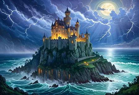 ethereal fantasy concept art of An abandoned castle on a cliffside, overlooking a stormy sea, with crumbling walls, broken towers, and an eerie glow emanating from the windows. Enhanced details,extremely detailed,very realistic,photograph,DreamlikeIllustration,frazetta, . magnificent, celestial, ethereal, painterly, epic, majestic, magical, fantasy art, cover art, dreamy