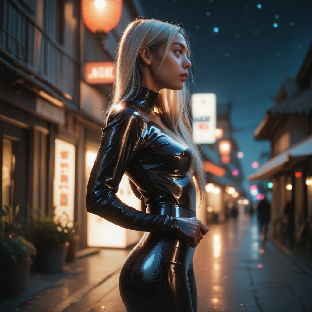 score_9, score_8_up, score_7_up, score_6_up, score_5_up, score_4_up, 1girl, solo,   <lora:t4nflwer_Pony:0.8>,  wearing latex, standing,  from front, looking to the side, night sky