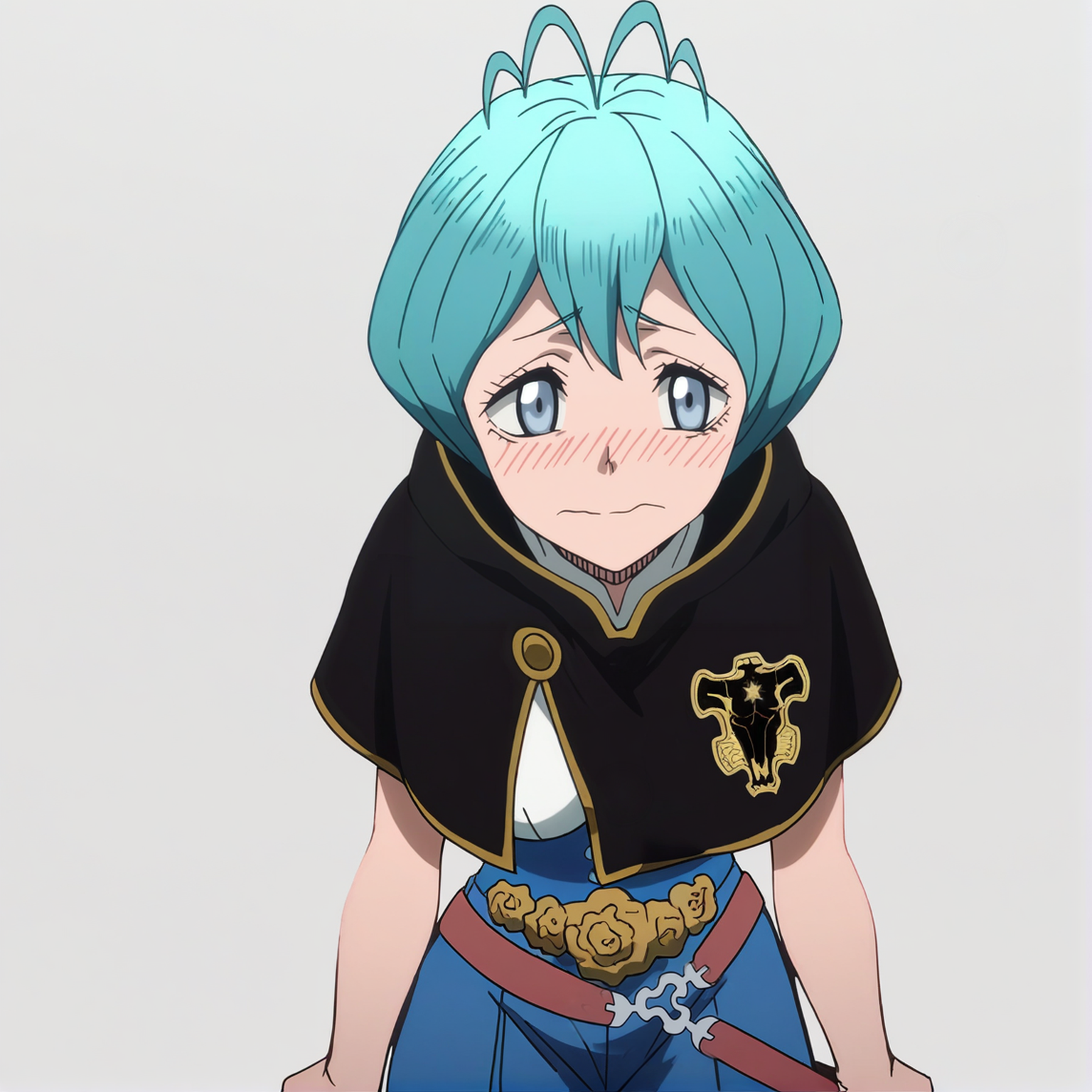 sharp focus, pixiv masterpiece, source_anime, score_9, absurd res, high res, anime_screencap,
 <lora:Grey_blackclover_IL_v36-000015:1>, grey_bc, 1girl, solo, grey-blue_eyes, cyan_hair, short_hair, antenna_hair, black_capelet,  sleeveless_shirt,  high-waisted_pants, waist_flowers, metal_belt, upper body, standing, arms_at_sides, (white background, simple background:1.5), blushing, hands_in_front_of_face, bull_emblem, star_on_emblem