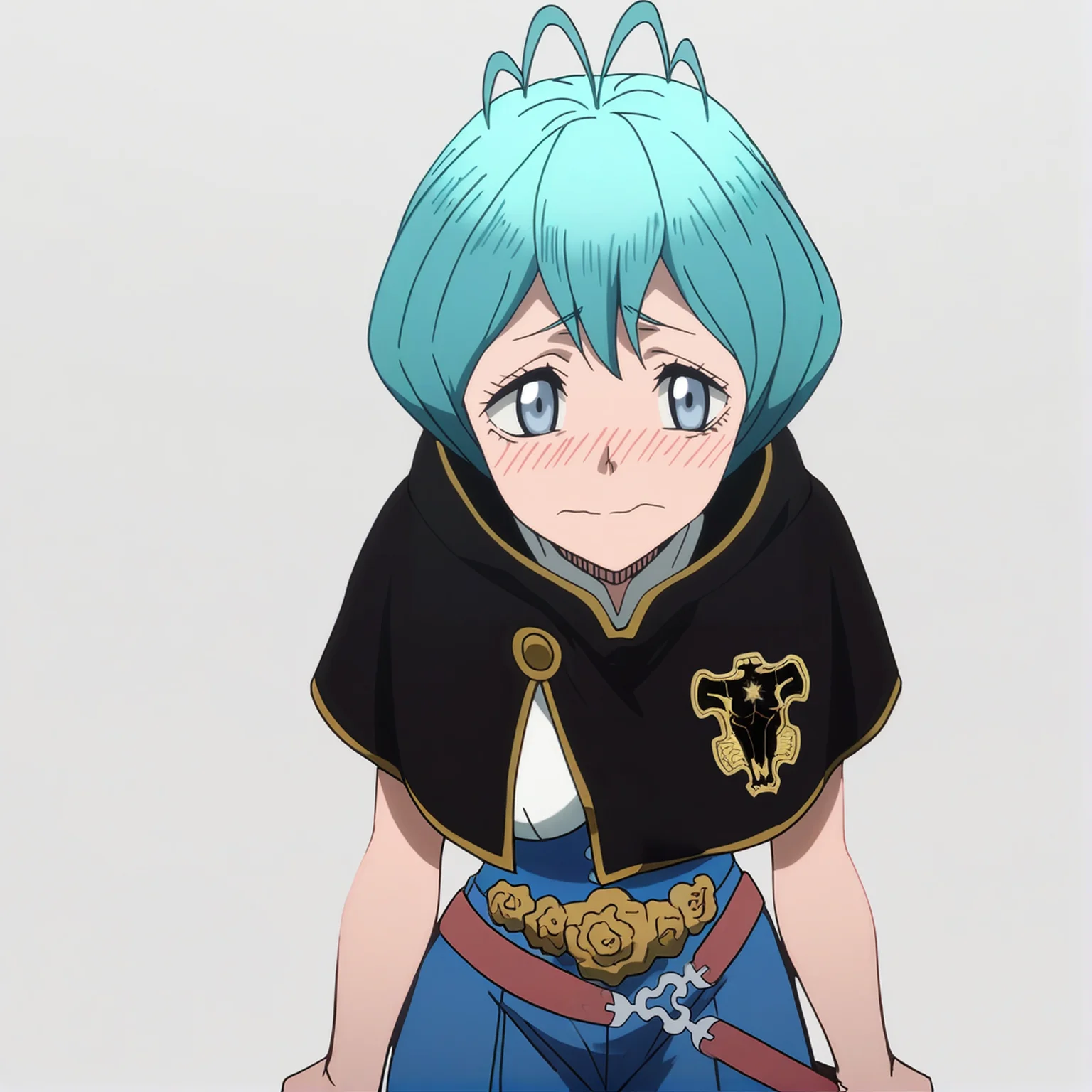 sharp focus, pixiv masterpiece, source_anime, score_9, absurd res, high res, anime_screencap,
<lora:Grey_blackclover_IL_v36-000015:1>, grey_bc, 1girl, solo, grey-blue_eyes, cyan_hair, short_hair, antenna_hair, black_capelet, sleeveless_shirt, high-waisted_pants, waist_flowers, metal_belt, upper body, standing, arms_at_sides, (white background, simple background:1.5), blushing, hands_in_front_of_face, bull_emblem, star_on_emblem