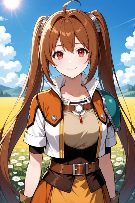 masterpiece, best quality, 1girl, solo <lora:estellebright-illu-nvwls-v1-000005:1> scEstl, brown hair, ahoge, very long hair, twintails, red eyes, cropped jacket, orange and white jacket, short sleeves, green shoulder pad, single shoulder pad, beige shirt, corset, orange skirt, belt, brown gloves, blue sky, field, flowers, upper body, clouds, looking at viewer, smile, happy, sun, portrait, sky