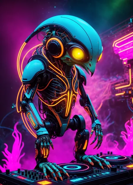Ombre color scheme of neon orange, neon pink, neon blue, neon yellow, neon green, biomechanical cyberpunk psychedelic style cute weird (alien|penguin) creature DJing (at a rave:1.1) (giant speakers:1.2) (crowd distant background:1.15) (bokeh volumetric lighting, fog:1.1) <lora:fx-monsters:0.35> fx-monsters <lora:add-detail-xl:1> <lora:sss:0.8> <lora:xl_more_art-full_v1:0.35> <lora:The_Dark_Side_Of_The_Future:0.25> <lora:vibracol:0.5> vibracol, subsurface scattering, Photorealistic, Hyperrealistic, analog style, realistic, film photography, soft lighting, heavy shadow . vibrant colors, swirling patterns, abstract forms, surreal, trippy . cybernetics, human-machine fusion, dystopian, organic meets artificial, dark, intricate, highly detailed