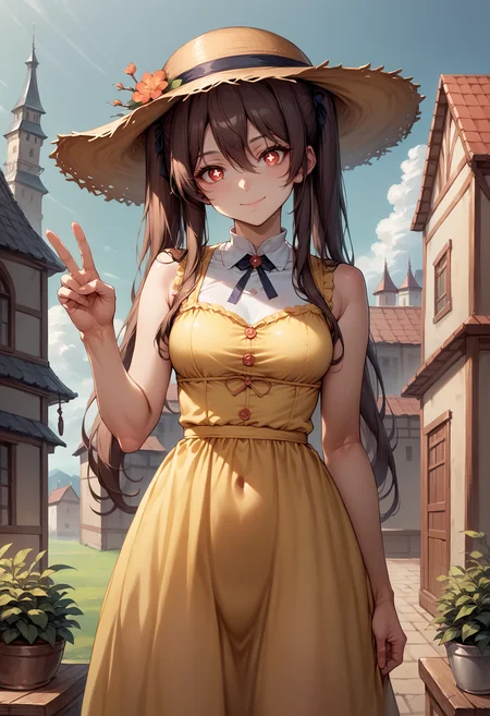 score_9, score_8_up, score_7_up, source_anime, 1girl, solo, looking at viewer, HuTao_DskFll, long hair, brown hair, hair between eyes, twintails, sidelocks, sundress, yellow dress, (collared dress), straw hat, victorian, outdoors, contrapposto, legs apart, standing, head tilt, red eyes, symbol-shaped pupils, town, european architecture, lamppost, tower, grey sky, cowboy shot, peace sign, smile, closed mouth