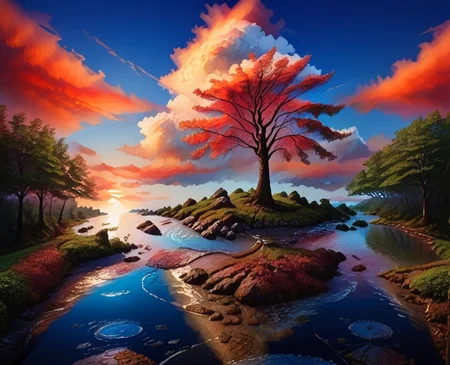 <lora:element_blend:0.8>,detail,score_9, score_8_up, score_7_up, score_6_up, score_5_up, score_4_up,
elementalfusion, , no humans, scenery, tree, sky, outdoors, traditional media, cloud, sunset, water, reflection