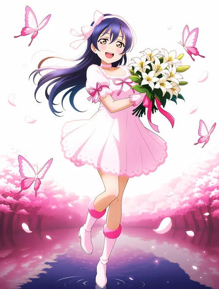 <lora:Koto-Umi-Riko-Shizu-Setsu-LLAS-IllustriousXLV01-V1:0.5> <lora:Koto-Umi-Riko-Shizu-Setsu-LLAS-NoobAIXLV11-V1:0.5> <lora:sdxl-boldline:-0.8> <lora:il_saturation_slider_d1:-0.3>
<lora:Lily-White-IllustriousXLV01-V1:1>
(llas:1.4), (masterpiece, very aesthetic, absurdres, very awa:1.2), best quality, highres, newest, perfect anatomy, perfect lighting, anime coloring, anime screenshot BREAK
(sparkle, light particles:0.8), depth of field BREAK
1girl, solo, looking at viewer, full body BREAK
sonoda umi, bow hairband BREAK
big pupils, (detailed eyes:1.2), large breasts, lips, :d, upper teeth only BREAK
(lilihowa dress), pink dress, puffy short sleeves, gloves, choker, neck ribbon, arm ribbon, fur-trimmed boots BREAK
holding bouquet, lily \(flower\), white flower, (pink bioluminescence butterfly), falling petals, cherry blossoms, reflective floor, reflective water, white background, pink background