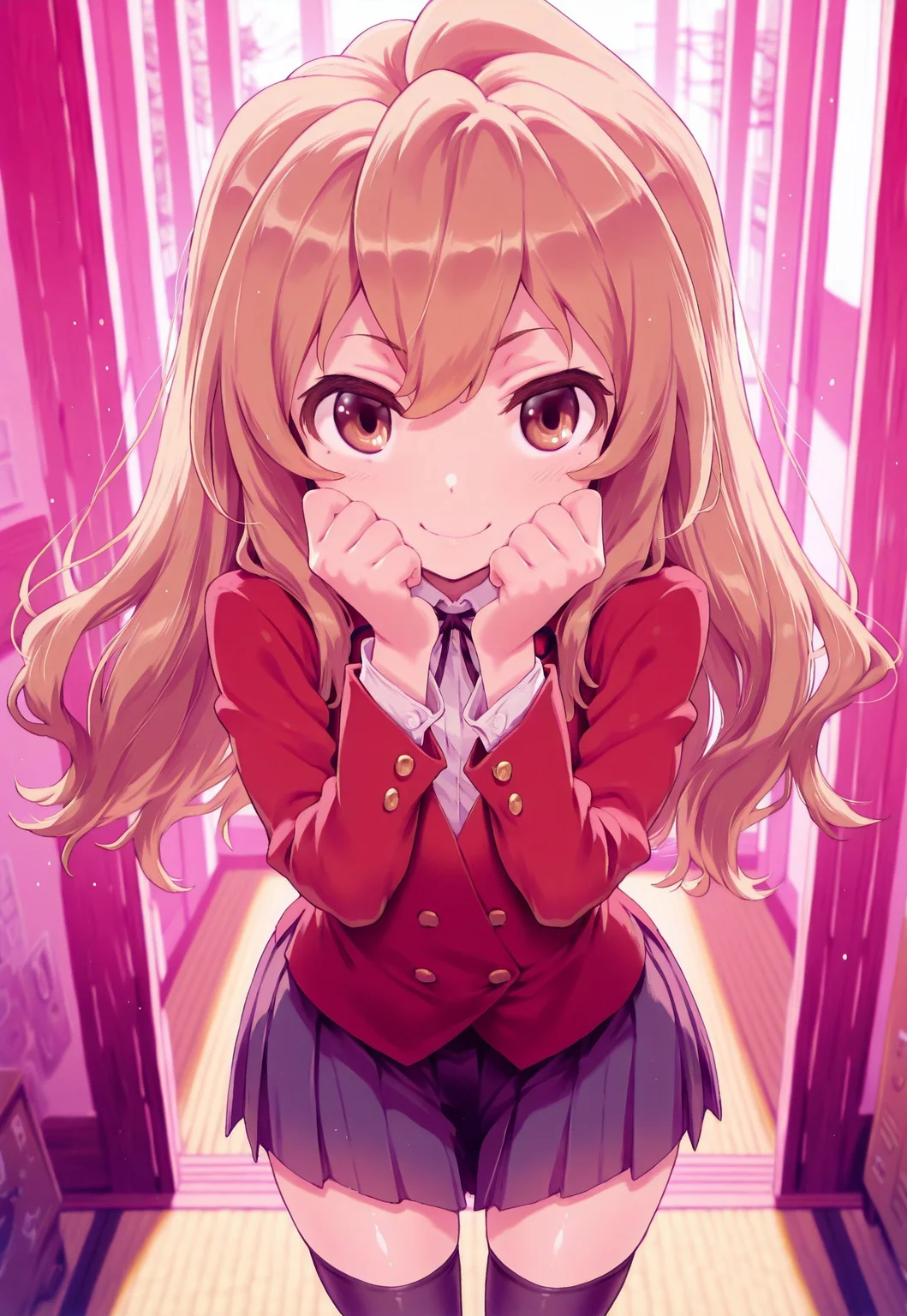 masterpiece, best quality, very aesthetic, absurdres, aisaka taiga, 1girl, solo,brown hair,long hair,flat chest, oohashi high school uniform, red jacket, black thighhighs ,pleated skirt, smile, light blush, shiny skin, burikko pose, hands up, upperbody, indoor, depth of view,