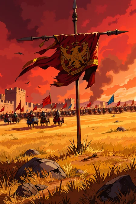 A grand, medieval battlefield stretches far into the distance, its golden fields trampled under the weight of clashing armies. In the foreground, a tattered coat of arms hangs from a shattered spear planted into the ground, its once-proud emblem now stained with dust and blood. Behind it, warriors in mismatched armor charge forward, their own banners whipping violently in the wind. The sky above is a deep, bruised red, streaked with curling smoke from burning siege engines, while distant castle walls loom on the horizon.<lora:XRSTYLE_FLUX:0.5><lora:RetroAnimeFluxV1:0.4><lora:MoriiMee_Gothic_Niji_Style_FLUX:0.3>