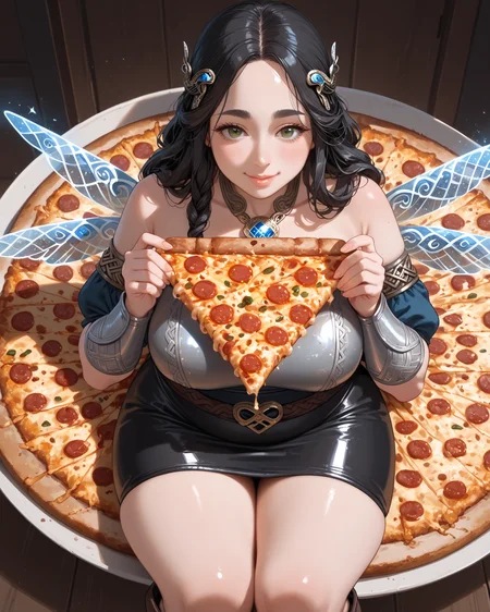 PonyScores7, source_anime, rating_safe, ah1, 1girl, (curly hair), long hair, (black hair:1.4), mature female, (parted hair:1.7), (round face:1.2), (no_bangs:1.3), (no_fringe:1.6), (thick eyebrows:1.2), (curvy), round-chin, (greenish hazel eyes), caucasian, (downturned eyes:1.2), (plump face), <lora:ETO_OCPonyXL:0.5> eto_oc, (skindentation), (plump), thick thighs, wide hips, busty, voluptuous, kinky curls, lips, bad-hands-5, <lora:venus body PonyXL:0.4>, <lora:xl_more_art-full_v1:0.2>, <lora:shinyskin2:0.2> glistening skin, <lora:aesthetic_anime_v1s:0.2>, <lora:Expressive_H:0.2> Expressiveh, <lora:hairdetailpxl:0.2> hairdetailpxl, <lora:EpicF4nta5yXL:0.2>, <lora:detailxl:0.2> detailxl, <lora:Fant5yP0ny:0.2>, best quality, amazing quality, best aesthetic, absurdres, <lora:expressive eyes:0.2> expressive eyes, <lora:eyedetailpxl:0.2> eyedetailpxl, illustration, Volumetric_Lighting, ultra-detailed, very aesthetic, intricate details, 8k, masterpiece, best_quality, smile, (Dutch Angle view Close shot (focus on legs)), (Mid-Century Modern Lounge with Iconic Furniture Pieces), <lora:Eyes_High_Definition:0.6> EyesHD, looking at viewer, (((dark puce Silk wings adorned with runic patterns, enchanted gold spear with runic carvings, magic shield with heraldic emblem, enchanted amulet glowing with mystical energy, Silver breastplate adorned with intricate Norse runes, winged helmet with golden accents, fur-lined leather skirt, knee-high leather boots with steel toe caps))), <lora:Facestuffing_lora:0.8> face stuffing, eating pizza, pizza box, pizza slice,