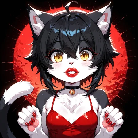 masterpiece, source_furry, (best quality:1.1), ultra-detailed, high resolution, solo, highly detailed macro illustration BREAK 1girl, Ember (ESO), anthro, feline, chibi, black and white fur, cat tail, black hair, yellow eyes, slim, (sexy expresion, cute face:1.3), red evening dress BREAK mikus-concept, big lips, red lipstick, long red nails, exaggerated features, dramatic eyelashes, shiny lips, funny expression, upper body, face focus BREAK sharp focus, perfect lighting, extremely detailed, tranquil setting, high detail, abstract background, detailed background