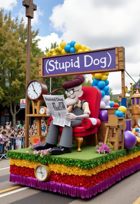 Realistic photograph capturing a vibrant, elaborate Eustace bag sitting on a red chair, reading a newspaper) themed parade float including banner with text "(Stupid Dog)"