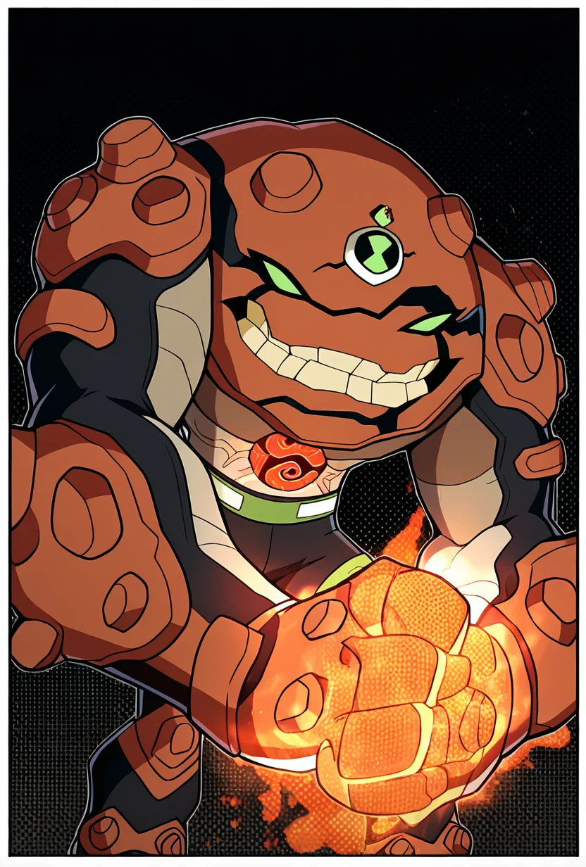 <lora:gravitack-10:1> gravitack, crooked teeth, 1boy, armor, monster, green eyes, solo, massive arms, big hands, zoomed out, brown black background, facing viewer, smiling, black pants, green belt, one arm, punch, masterpiece, best quality, amazing quality, very aesthetic, absurdres, newest,, upper body, halftone effect, white borders, abstract background:1.2,