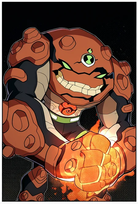 <lora:gravitack-10:1> gravitack, crooked teeth, 1boy, armor, monster, green eyes, solo, massive arms, big hands, zoomed out, brown black background, facing viewer, smiling, black pants, green belt, one arm, punch, masterpiece, best quality, amazing quality, very aesthetic, absurdres, newest,, upper body, halftone effect, white borders, abstract background:1.2,