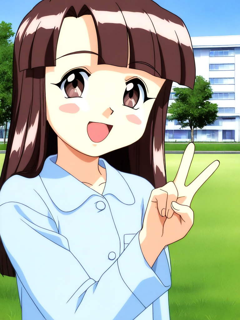 general,highres, ultra-detailed,very aesthetic,best quality ,best hands, BREAK <lora:Sakurai_Miyuri_Suchie-Pai_Ver2.0_IS:1>
Sakurai_Miyuri, 1girl, solo, brown hair, long hair, brown eyes, blunt bangs,
open mouth,
smile,closeup-face
light blue pajamas, v,
blue sky, day, grass. outdoor, hospital building,