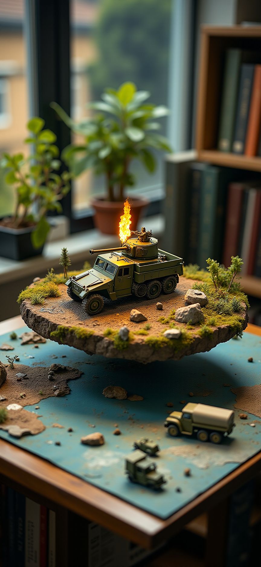 (indoor,very wide isometric view,tilt-shift lens:1.6), (windowless,miniature,miniature,diorama,miniature,diorama,PVC,plastic:2) ,  military truck with M1 tank at base  with flame at (floating island,levitating  island:1.5) on (table:2) at (study:2.5)   <lora:Diorama_Flux:1>
