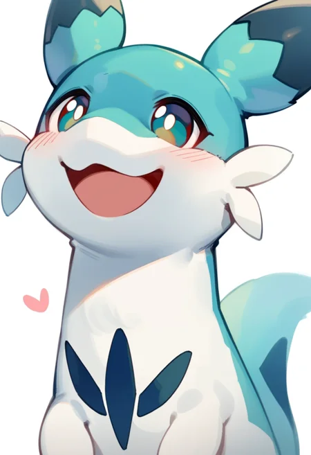 masterpiece,best quality,very aesthetic,absurdres,<lora:chillet_v2:1>,chillet, animal, no_humans, solo, smile, blush, happy, white_background, pokemon_\(creature\), heart, simple_background, open_mouth