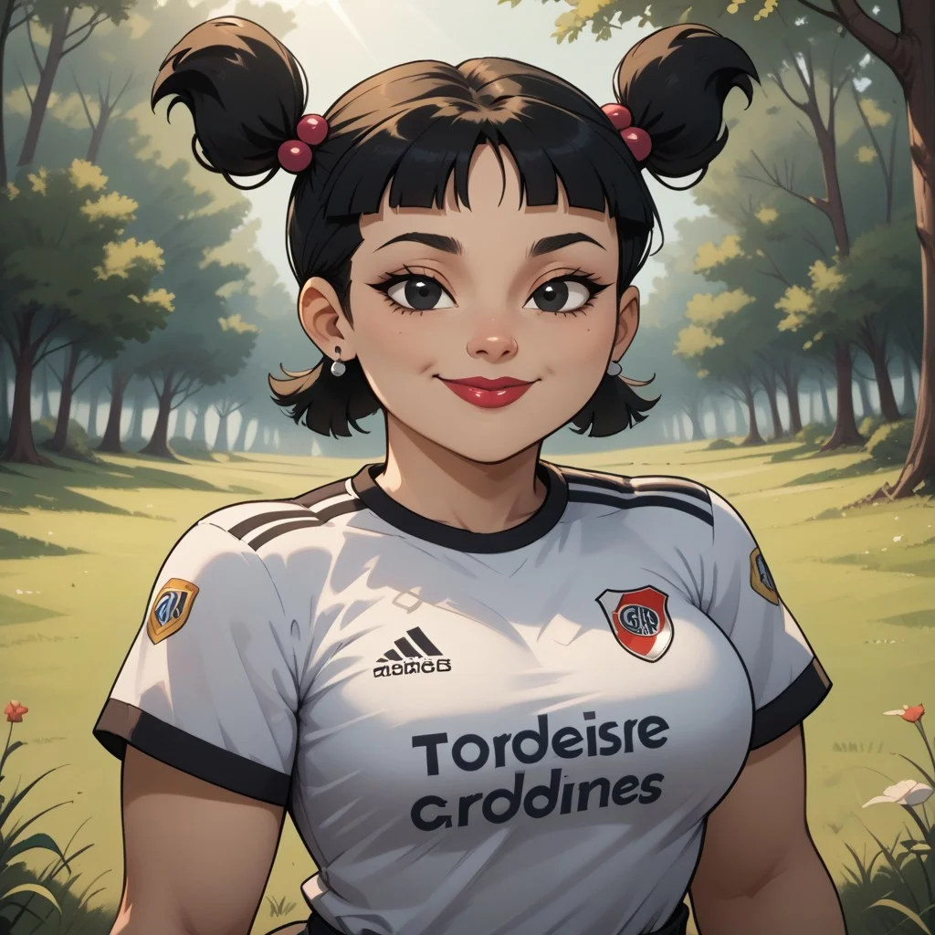 score_9, score_8, BREAK, solo, black hair, plump, lipstick, makeup, hair bobbles, earrings, hair ornament, twintails, black eyes, RiverPlate, striped shirt, striped, shirt, white shirt, short sleeves, clothes writing, sportswear, soccer uniform,, short twintails, jewelry, striped shirt, big breasts, total drama, Sadie_(Total_Drama), cute, sexy pose, self portrait, smile, outdoors, sunlight, shadows, evening lighting, natural lighting, forest, trees, grass, orange sky, sunset