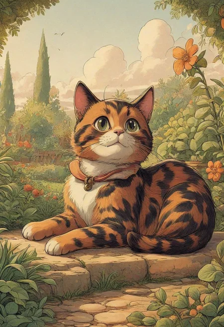 cartoon of cute tortoiseshell cat, lying on back, playful, quirky, 1940's cartoon, vintage cartoon, beautiful, detailed, garden background