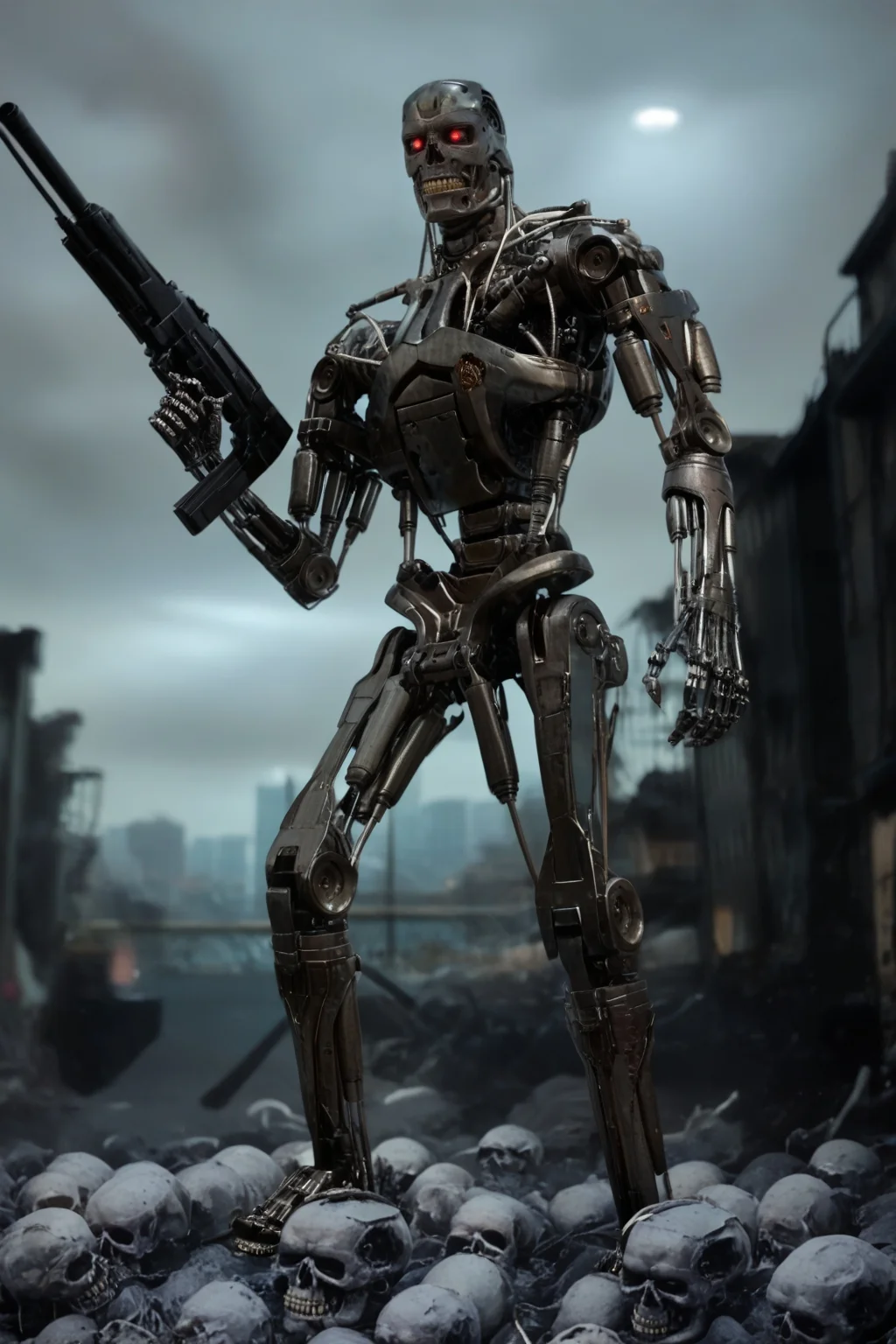 T800_Endo, Terminator robot, score_9, score_8_up, score_7_up, (source_IRL, source_movie), cinematic, realistic, masterpiece, high quality, highres RAW photo, ((full body shot))
((an UpgradedT800_Endo Terminator Robot)) with red eyes, he is made of metal, <lora:T800_Endo_Terminator_Pony_v1:1>
(standing, holding a futuristic gun)
in a destroyed apocalyptic city, with skulls covering the ground, dark cloudy skies, Apocalyptic Landscape, destroyed city
dynamic lighting, highly detailed, intricate details, shadows, at night