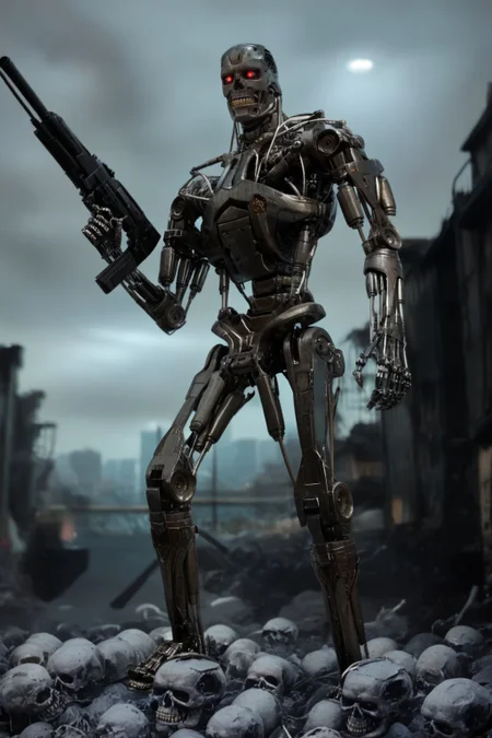 T800_Endo, Terminator robot, score_9, score_8_up, score_7_up, (source_IRL, source_movie), cinematic, realistic, masterpiece, high quality, highres RAW photo, ((full body shot))
((an UpgradedT800_Endo Terminator Robot)) with red eyes, he is made of metal, <lora:T800_Endo_Terminator_Pony_v1:1>
(standing, holding a futuristic gun)
in a destroyed apocalyptic city, with skulls covering the ground, dark cloudy skies, Apocalyptic Landscape, destroyed city
dynamic lighting, highly detailed, intricate details, shadows, at night