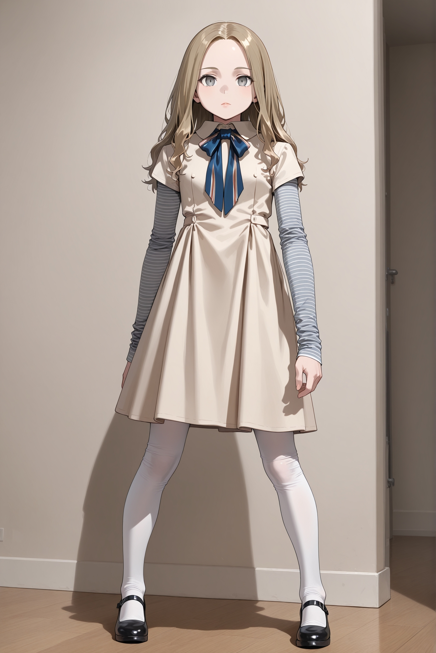 masterpiece, best quality, absurdres, highres, 
<lora:m3gan_ill_v1.3:1> 1girl,m3gan, grey eyes,(thick lips:0.8),expressionless,striped long sleeves, dress, long hair, white pantyhose,black footwear,looking at viewer,standing,apart legs