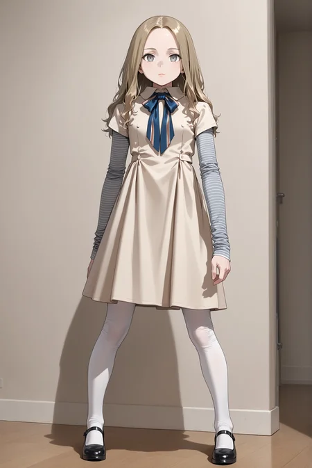 masterpiece, best quality, absurdres, highres,
<lora:m3gan_ill_v1.3:1> 1girl,m3gan, grey eyes,(thick lips:0.8),expressionless,striped long sleeves, dress, long hair, white pantyhose,black footwear,looking at viewer,standing,apart legs