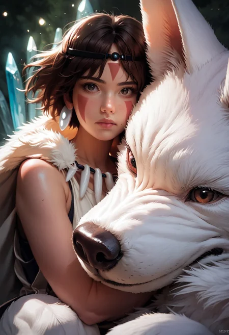 score_9, score_8_up, score_7_up, 1girl, San(/Princess Mononoke)/,(ultra HD quality details), pale skin, brown hair, brown eyes, short hair,
shiny skin, eye contact, fur cape, crystal necklace, sleeveless_shirt,
tilted angle, moody lighting, p3tl0v3, white wolf, hugging white wolf, dim lighting, medieval fantasy, perfect quality, high quality, photorealistic, sitting BREAK orange and blue hue, (abstract:0.2), expressiveH