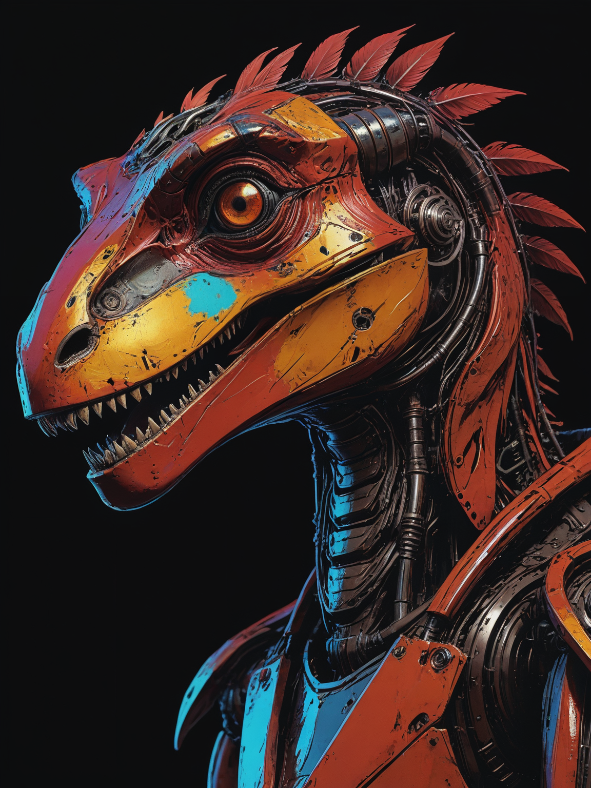 impactful color paint of The steampunk robot of velociraptor , illustration    <lora:Bold_Pop:0.6>  ...........  highly detailed, vibrant colors , 8k, sharp, professional, clear, high contrast, high saturated, , vivid deep blacks, crystal clear