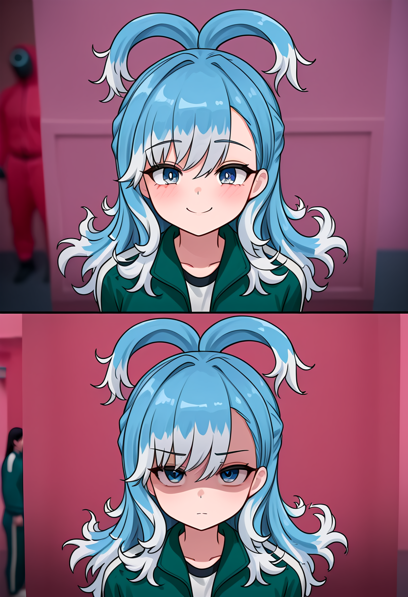 (masterpiece, high quality, amazing detail), highres, before and after, squid game, kobo kanaeru, partially shaded face, green jacket, <lora:Before_and_Afer_Joining_Squid_Game:1>