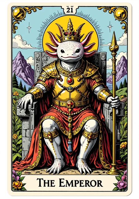 a tarot card in the style of ck-tc featuring, axolotl, A tarot card with the text "The Emperor," an axolotl in armor, a stone throne, a scepter, an orb, mountains in the background.<lora:Axomodel_Flux_V1.1.safetensors:1.0:1.0> <lora:ck-tarot-000015.safetensors:1:1>
