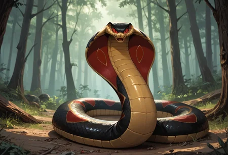 score_9, score_8_up, score_7_up, feral cobra snake, male cobra snake, scales, scalie, SnakeJafar, giant cobra snake, feral, cobra hood, black body, black scales, golden scales, golden underbelly, giant, giant size, extremely long body, glossy body, shiny scales, red pattern, red eyes, forest, confident face, smug, detailed background, 4k, masterpiece, best quality, highly detailed, realistic, dramatic lighting, long shadows, (limbless), (serpent), snake body, realistic snake, on the ground, slithering snake, dynamic shot, wide shot, snake, armless, legless,