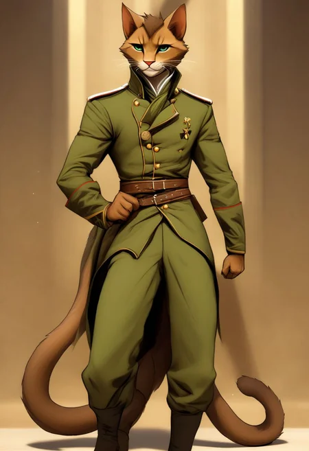 Fit, sleek, tabaxi, male, army uniform, dancer, elegant, leader, calm, sleek tail, thin tail, tan fur