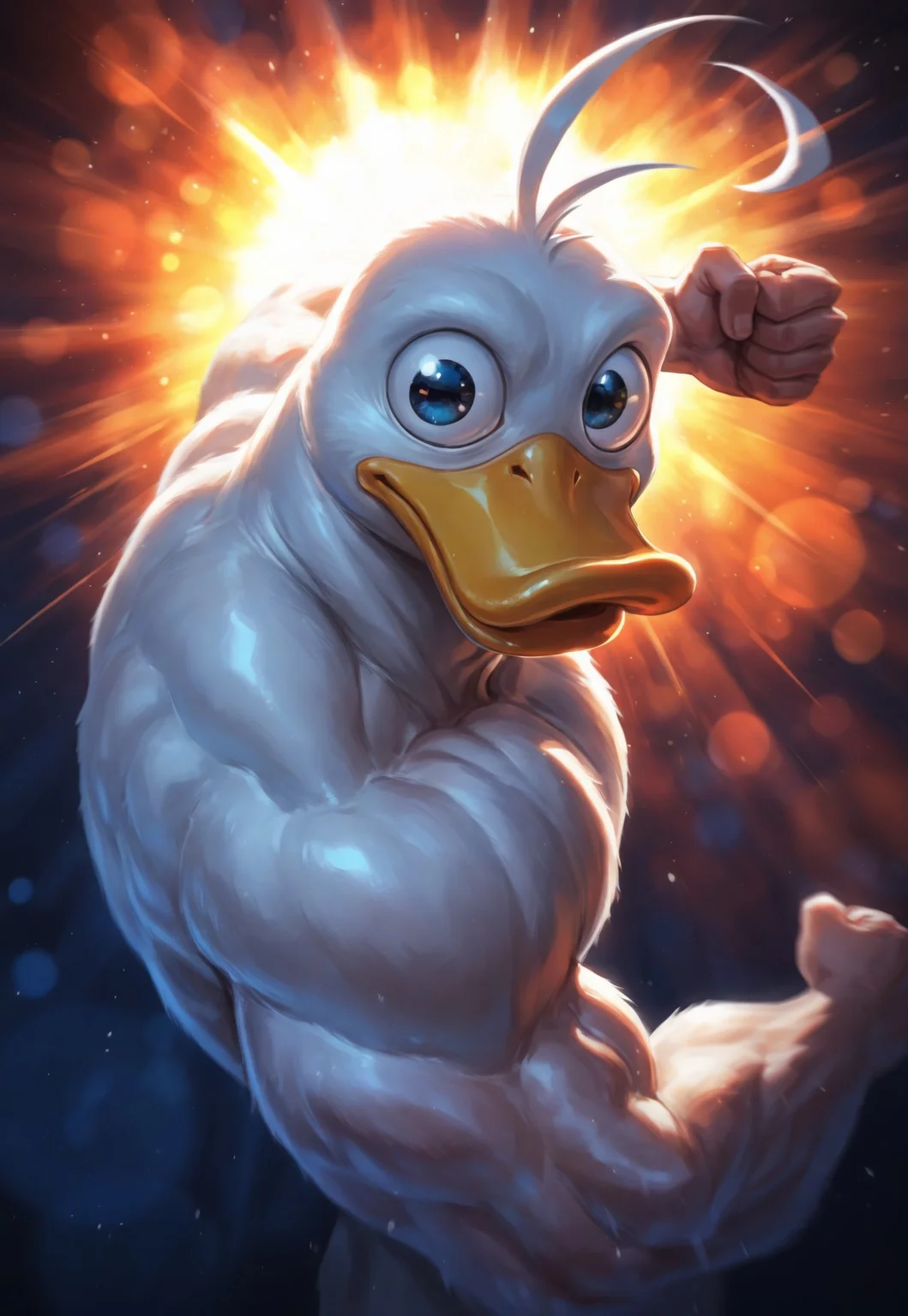 masterpiece, high quality, best quality, very aesthetic, absurdres, extremely detailed, realistic, volumetric lighting, (male focus, gay, male only), dynamic pose, dynamic angle,, 1boy, solo, duckboy, thick bill, portrait, shallow depth of field, bokeh, dutch angle, close-up, looking sideway, huge eyes, ahoge, googly eyes, funny, flexing biceps, muscular duck, INCPUV1.0, punching, incoming attack, incoming punch