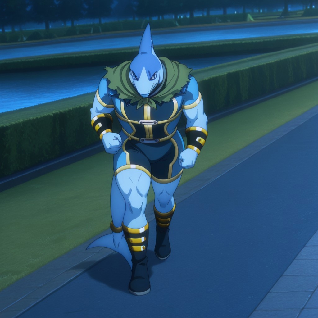 masterpiece, best quality, amazing quality, Arabaslfil, anthro, male, shark, blue skin, blue eyes,  gold trimmed blue bodysuit, gold armbands, gold trimmed dark blue bracers, gold trimmed dark blue boots, green capelet, gold tail ring, solo, park,  1boy, solo,