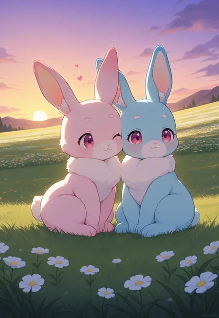 masterpiece, best quality, amazing quality, vibrant colors, soft focus, A heartwarming scene of affection between two fluffy rabbits sitting together under a soft sunset light in a grassy meadow, one blue rabbit lovingly nuzzles the other pink rabbit, who leans in with a peaceful expression, their eyes meet with warmth, showing mutual care and tenderness, the soft colors of the sunset and the lush green grass create a serene atmosphere, while delicate flowers bloom around them, enhancing the sense of peaceful connection, in love, hearts, hugging each other