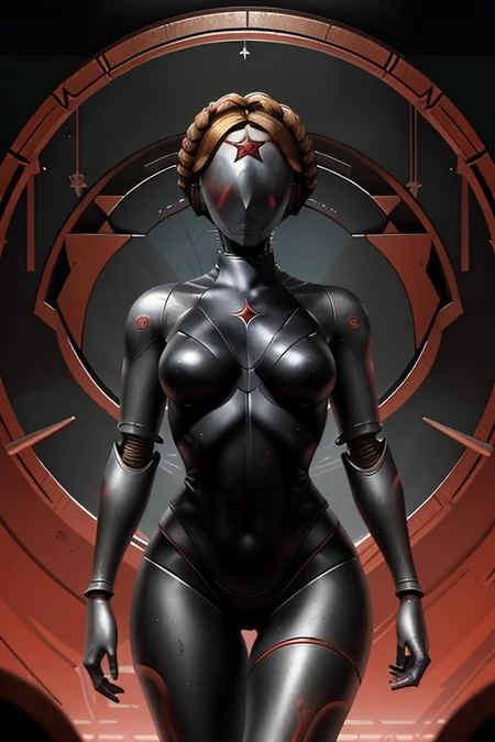 1girl,AHTwins, 1girl, robot, no face, blonde hair, braid, star (symbol), at distance,dungeon-background,dungeon,underground, full length shot, dancing, ussr red flag, intricate, elegant, highly detailed, symmetry, magical atmosphere, sharp focus, majestic, very coherent, radiant, advanced, cinematic, artistic, fine detail, winning, beautiful, stunning, dramatic light, designed, rich deep colors, perfect professional background, ambient, tailored set composition