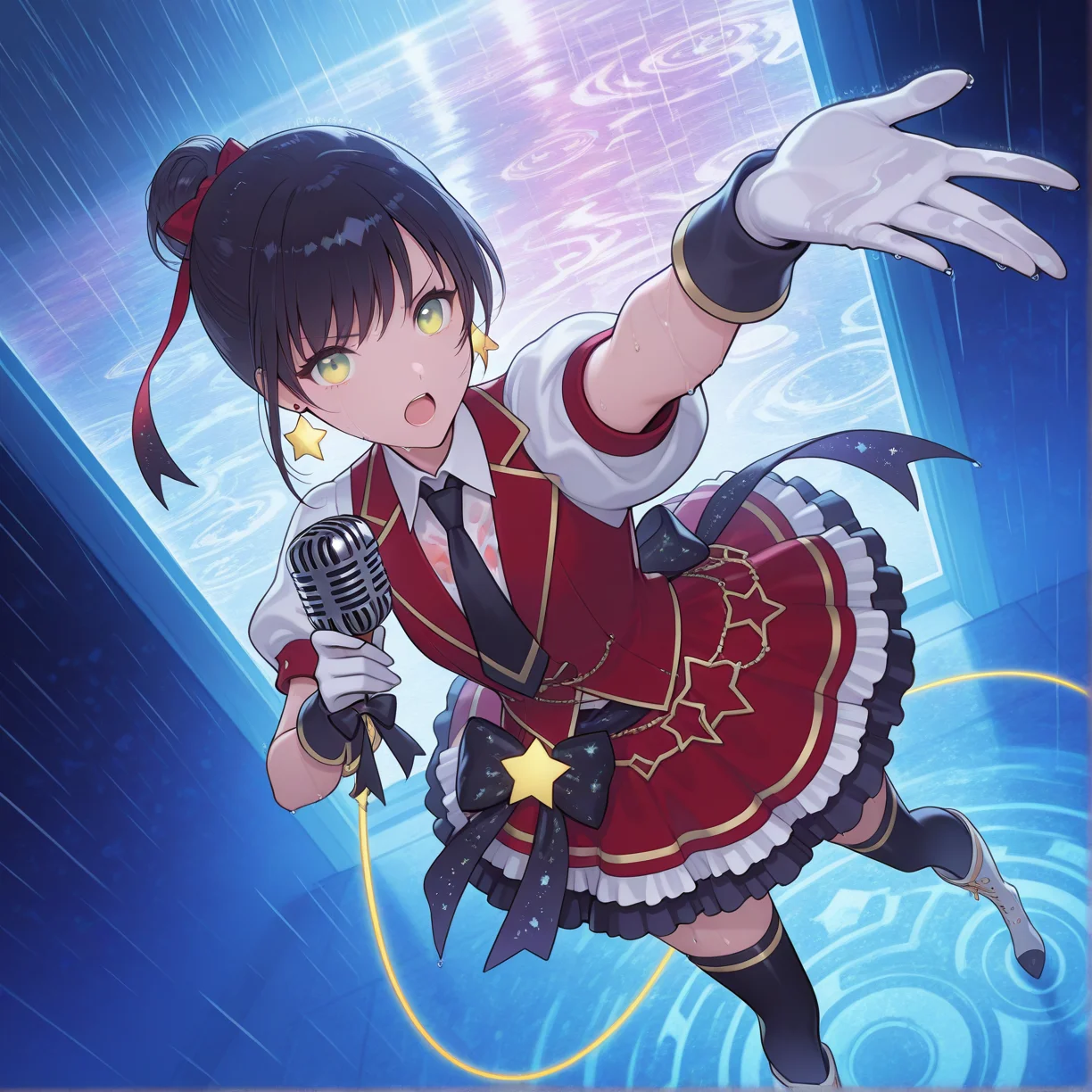 radiant reflections, rich color tones, deep contrast, ntricate textures, luminous lighting, cinematic ambiance, shimmering gradients, ethereal glow, best quality, colorful, masterpiece, detailed_background,, <lora:lah-hitomi-v1-09:1> lah-hitomi, 1girl, solo, idol, single hair bun, hair_ribbon, mismatched_earrings, star_earring, red_waistcoat, white shirt, puffy_short_sleeves, black necktie, white gloves, black back_ribbon, red_frilled_skirt, black thighhighs, holding microphone, white boots, rain, open mouth, wet body, wey hair, wet clothes, 
, dynamic_pose, dynamic_angle, arm up,