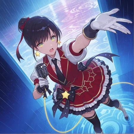 radiant reflections, rich color tones, deep contrast, ntricate textures, luminous lighting, cinematic ambiance, shimmering gradients, ethereal glow, best quality, colorful, masterpiece, detailed_background,, <lora:lah-hitomi-v1-09:1> lah-hitomi, 1girl, solo, idol, single hair bun, hair_ribbon, mismatched_earrings, star_earring, red_waistcoat, white shirt, puffy_short_sleeves, black necktie, white gloves, black back_ribbon, red_frilled_skirt, black thighhighs, holding microphone, white boots, rain, open mouth, wet body, wey hair, wet clothes, 
, dynamic_pose, dynamic_angle, arm up,