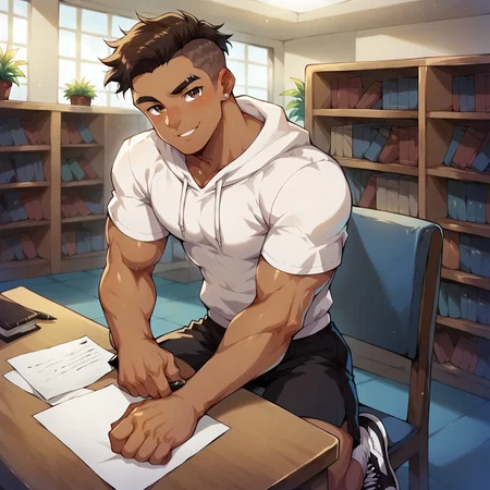safe_pos, 8k, masterpiece, score_9, score_8_up, score_7_up, 1boy, solo, muscular, handsome, cute face, mature, male focus, handsome face focus, cowboy shot, big biceps, sideview,
brown undercut hair, parted bangs, dark skin, brown eyes,
white hoodie, black shorts, black sneakers, white socks,
futuristic library, blushing, seductive smile, indoors, dynamic pose, sitting on chair, sitting at table, holding pen, writing on paper,