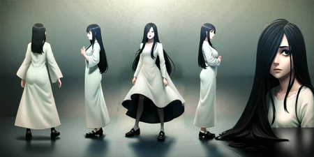 masterpiece, best quality,(sadako_yamamura), <lora:Sadakobest:0.8>, <lora:stylized3DModelLora_v20:0.8>, girlonly, (((white dress))),