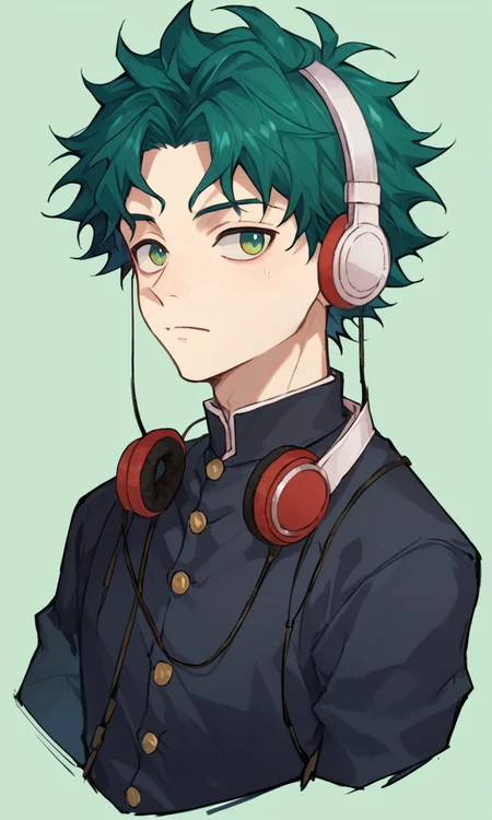 score_9, score_8_up, score_7_up, score_6_up, score_5_up, score_4_up, male school uniform, 1boy, headphones, male focus, solo, school uniform, green eyes, gakuran, upper body, green hair, simple background, closed mouth, short hair, score_9, score_8_up, score_7_up, score_6_up, score_5_up, score_4_up, male school uniform, 1boy, headphones, male focus, solo, school uniform, green eyes, gakuran, upper body, green hair, simple background, closed mouth, short hair, joyful