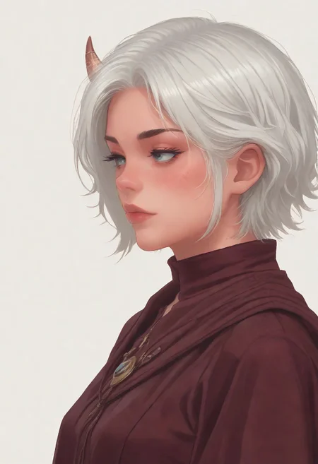 score_8_up, score_7_up, score_6_up, dnd <lora:dnd_flat:0.95> 1girl tiefling, portrait, short horns, RED skin <lora:Crude:0.6> (wizard clothes:1.2) , jewelry, short BOB hair, WHITE hair, close up, side view, RED HAIR
WHITE BACKGROUND