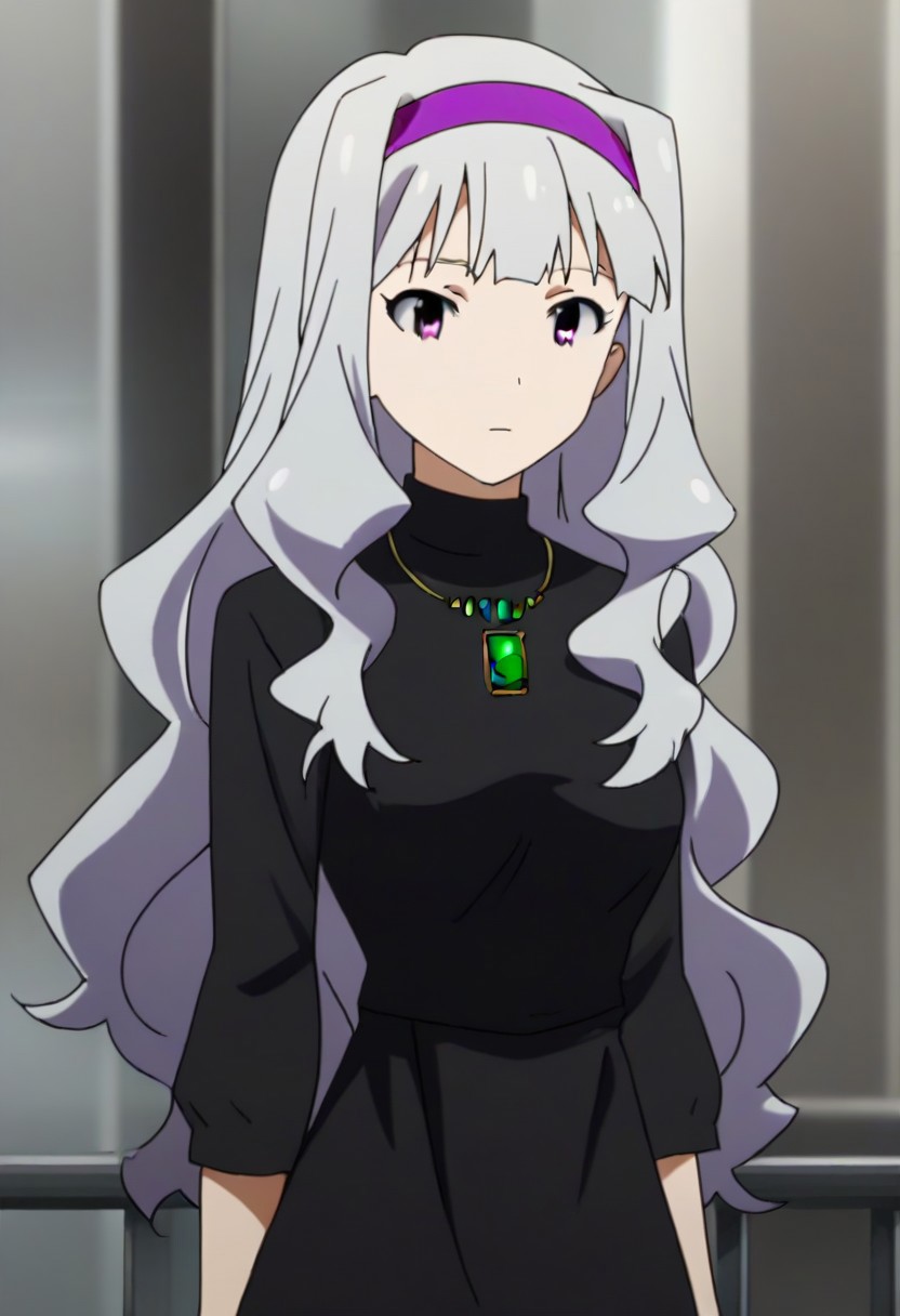 source_anime, uncensored, nsfw, <lora:Takane_Shijou_The_iDOLMSTER_2011_anime_art_style:.8>1girl, solo, grey hair, long hair, purple eyes, breasts, Takane black dress with green brooch outfit , purple hairband, jewelry, necklace, pendant, dress,